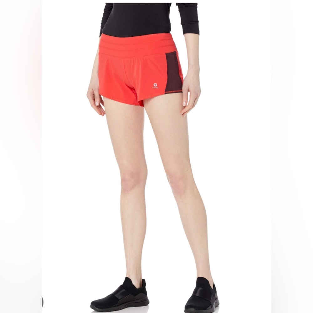 oiselle Coral Red Running Shorts with Black Side Panel